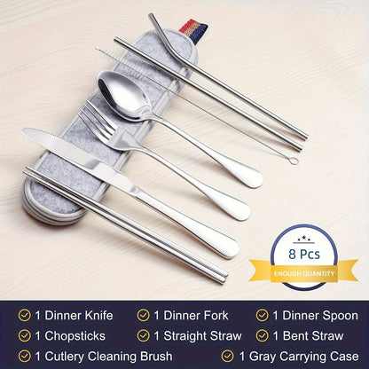8pcs Portable Utensils, Travel Camping Cutlery Set, Knife Fork Spoon Chopsticks Cleaning Brush Straws Portable Case, Stainless Steel Flatware Set