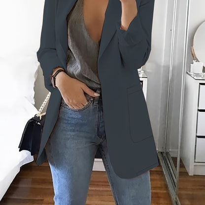 Stylish Blue Open Front Blazer for Women - Slim Fit, Long Sleeve, Casual Office & Work Jacket with Pockets, Lightweight Polyester, Machine Washable, Spring/Summer/Fall Wear, Casual Office Wear | Slim Fit Jacket | Glossy Finis