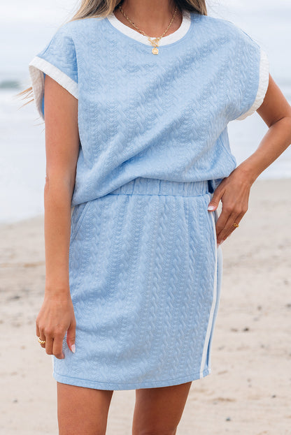 Beau Blue Contrast Trim Textured Crewneck Tee and Pocketed Skirt Set