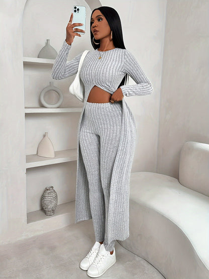 Chic Two-Piece Set for Women - Stylish Long Sleeve Crop Top & High-Waist Pants with Stretchy Polyester Fabric, Machine Washable, Comfortable, and Versatile for Daily Wear - Ideal for Office, Party, or Casual Outings