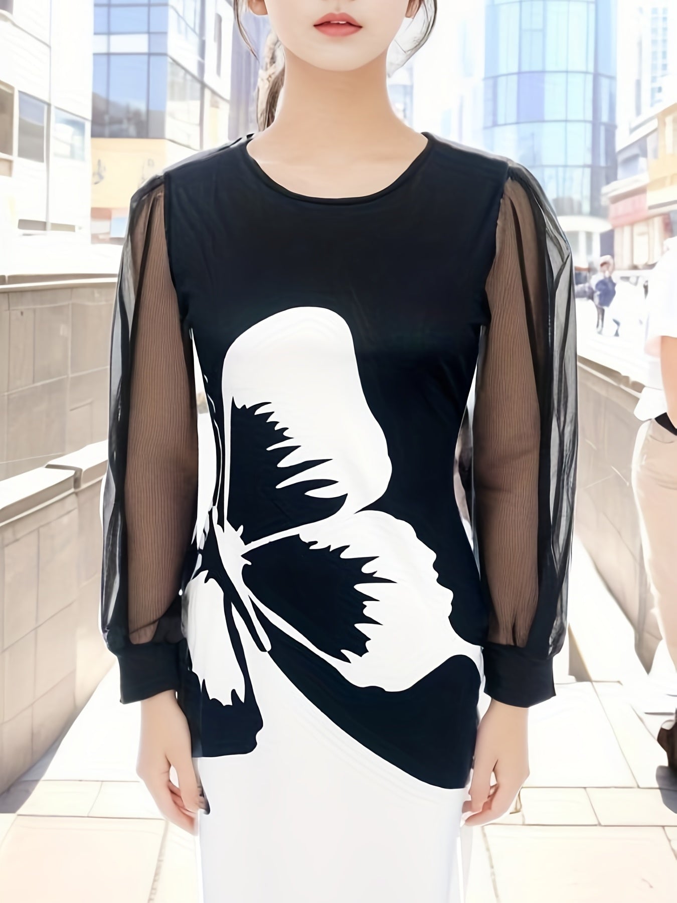 Butterfly Print Contrast Mesh Dress, Elegant Crew Neck Long Sleeve Dress, Women's Clothing