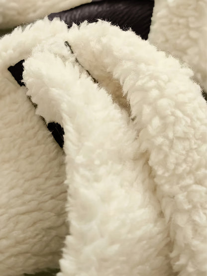 Women'S Elegant Teddy Lined Jacket with Turnover Sleeves, Zipper Closure, and Moto-Inspired Design - Vintage Streetwear Collar, Perfect for Fall/Winter