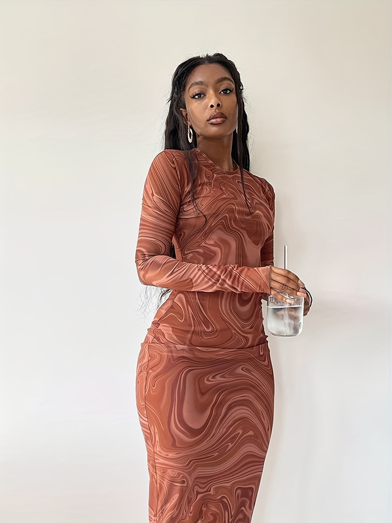 Abstract Ripple Print Dress, Sexy Mock Neck Long Sleeve Dress, Women's Clothing