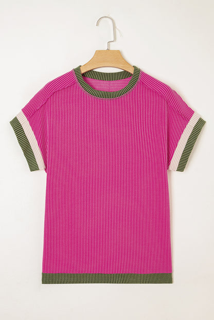 Rose Red Textured Contrast Trim Round Neck T Shirt