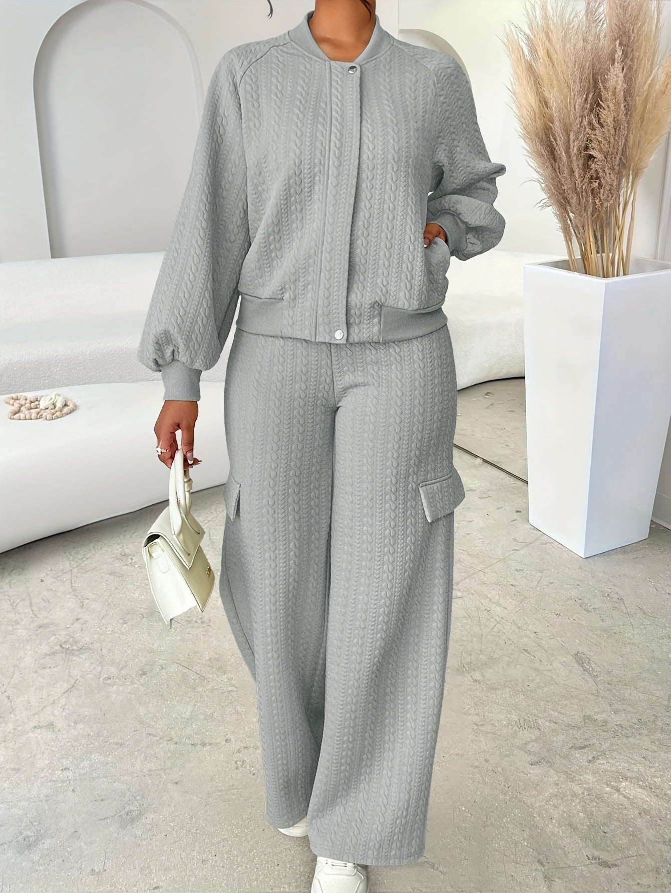 Women'S Casual Chic Two-Piece Set, Solid Color Long Sleeve Zippered Jacket and Straight-Leg Pants, Polyester 95% Elastane 5% Knit Fabric, Crew Neck, Fall/Winter Collection