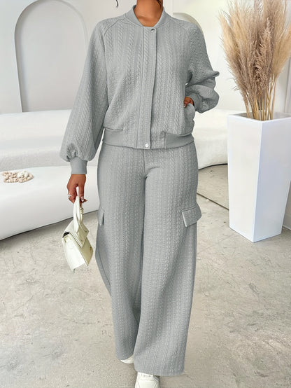 Women'S Casual Chic Two-Piece Set, Solid Color Long Sleeve Zippered Jacket and Straight-Leg Pants, Polyester 95% Elastane 5% Knit Fabric, Crew Neck, Fall/Winter Collection