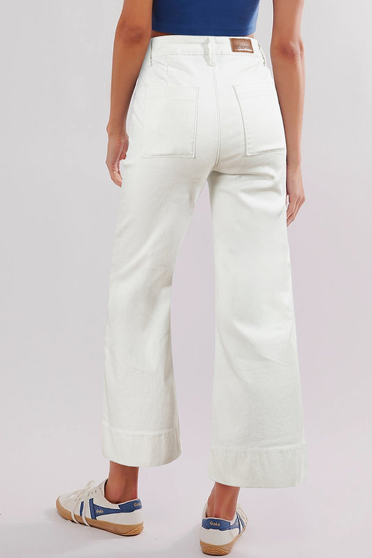 White Flap Pockets Front Straight Cropped Jeans