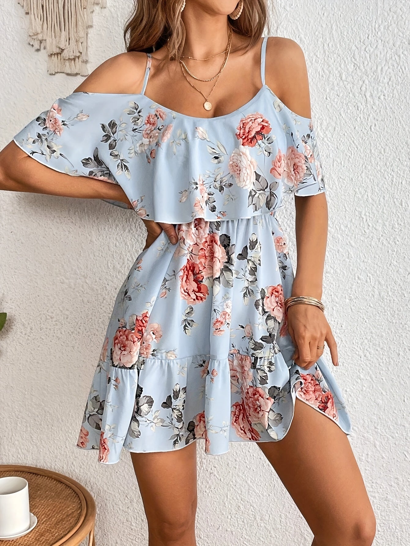 Floral Print Cold Shoulder Dress, Casual Ruffle Trim Dress For Spring & Summer, Women's Clothing