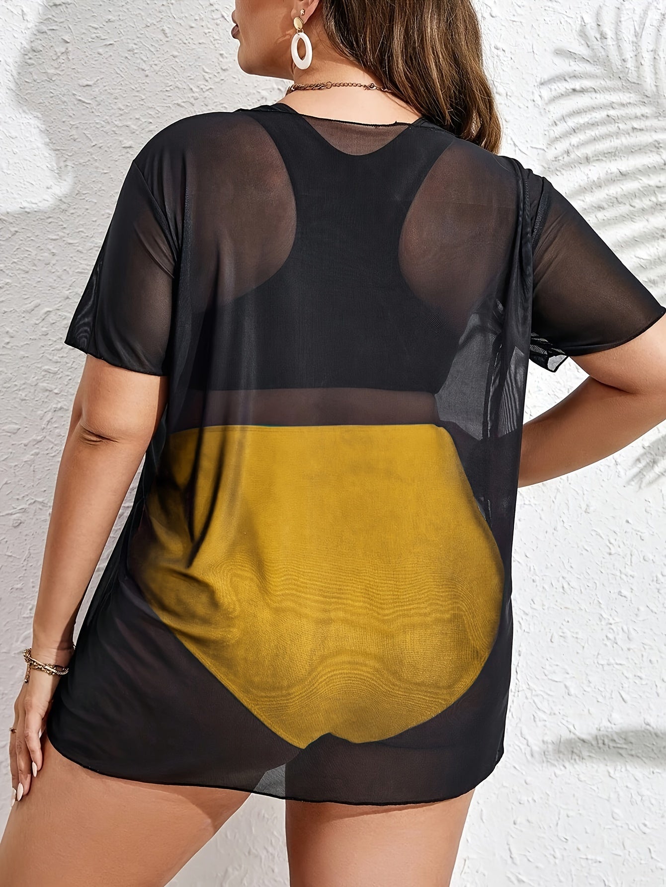 Plus Size Women's Tropical Print Bikini Set with Beach Cover-Up Dress - Stretchy, Comfortable 3pcs Swimsuit with Vibrant Palm Graphics, Includes Bra, High-Waisted Shorts & Tee for Vacation, High Waisted Bikini Set