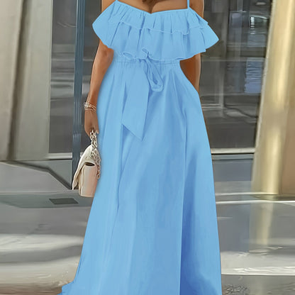 Vibrant Ruffle Trim Cami Dress - Sleeveless, Tie-Waist, Maxi Length, Flowy, Feminine, Summer Essential for Women - Perfect for Outdoor, Party, and Daily Wear