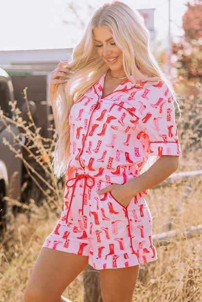 Pink Western Cowgirl Boots Printed Shirt Ruffled Shorts Pajama Set