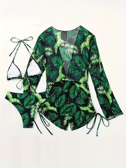 Leaf Print 3 Piece Set Bikini, Halter V Neck Tie Back Backless High Cut With Cover Up Romper Swimsuits, Women's Swimwear & Clothing Triangle Top