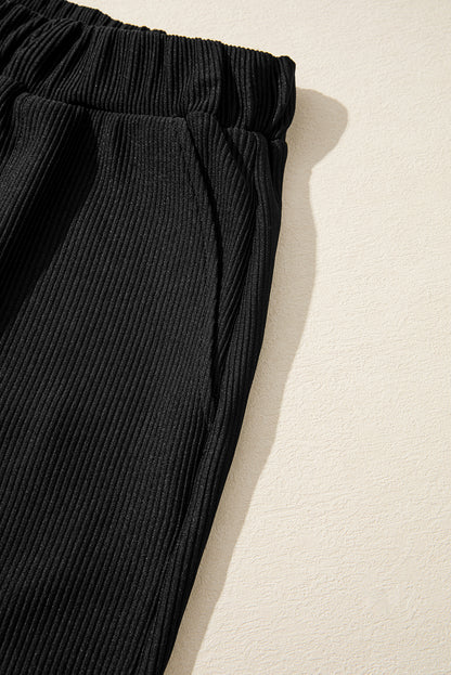 Black Ribbed Texture Baggy Drop Shoulder Pullover and Shorts Set