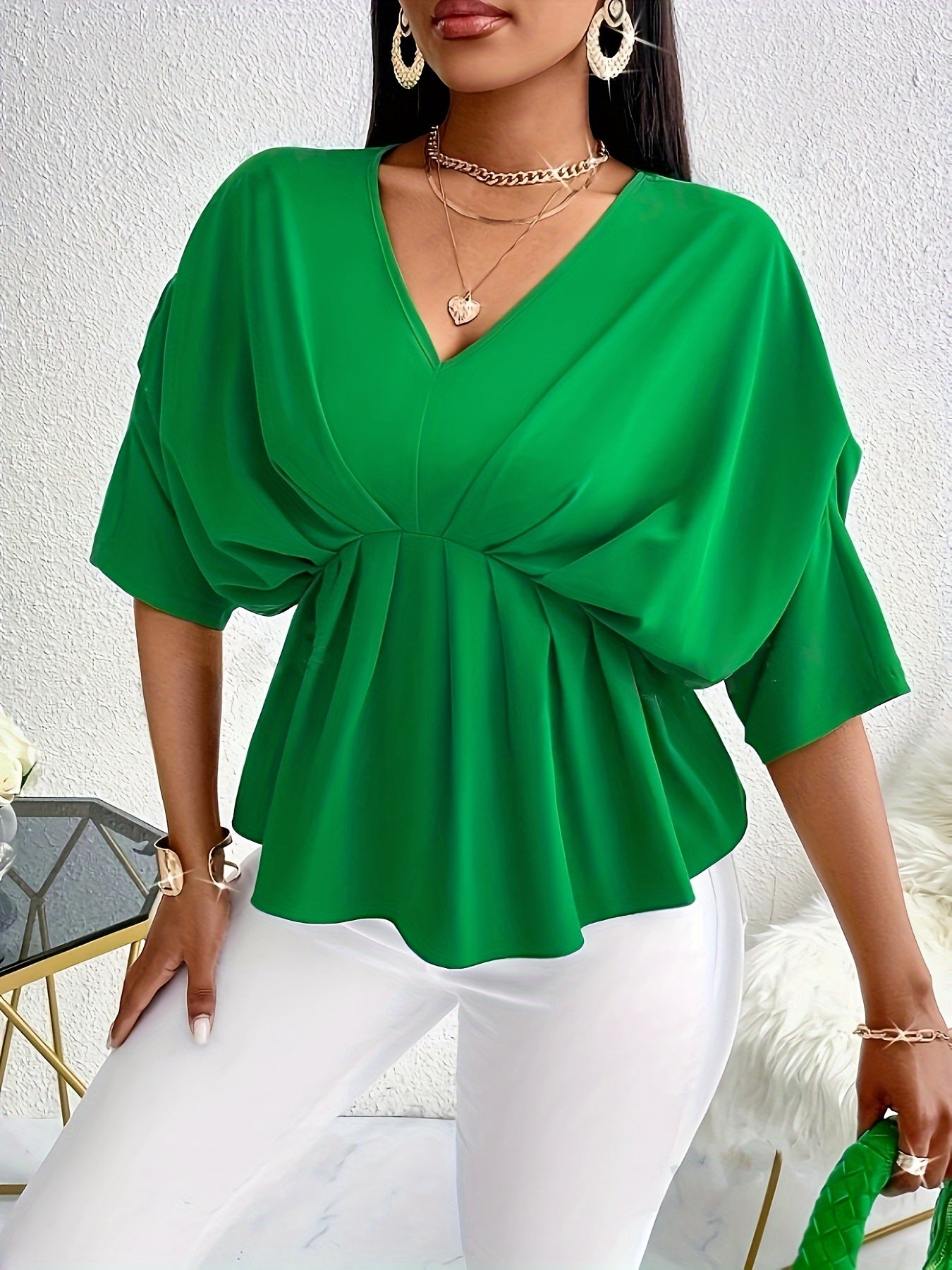 Stylish V-Neck Batwing Blouse - Cinched Waist, Flare Tuck Design, Elegant Short Sleeves for Spring & Summer, Women's Fashion Clothing for Outdoor Activities