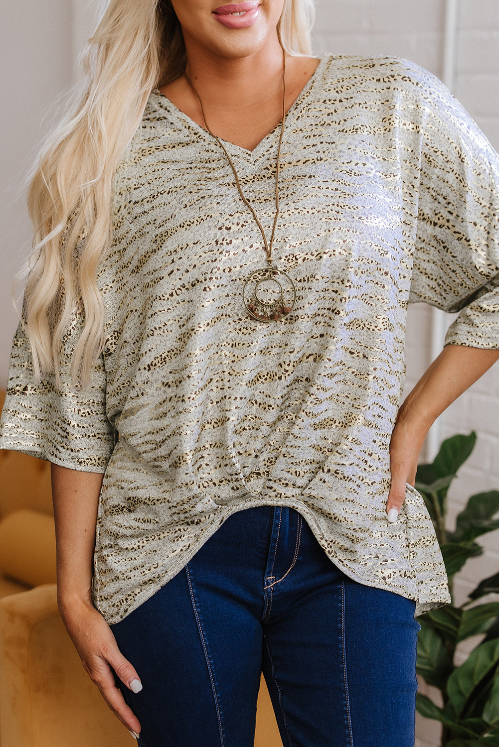 Gray Leopard Print Half Sleeve V Neck Loose Fit T Shirt