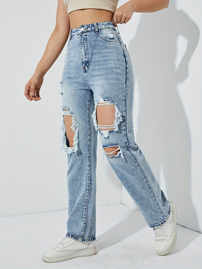 Blue Ripped Holes Straight Jeans, Distressed Slant Pockets Boyfriend Jeans, Women's Denim Jeans & Clothing