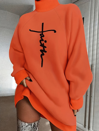 Faith Print Turtleneck Dress, Casual Loose Long Sleeve Dress, Women's Clothing