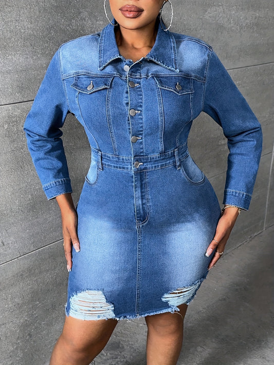 Womens Fashion-Forward Ripped Denim Jacket Dress - Trendy Long Sleeve with Raw Hem, Chic Button Up, Elegant Casual Outerwear for All Seasons