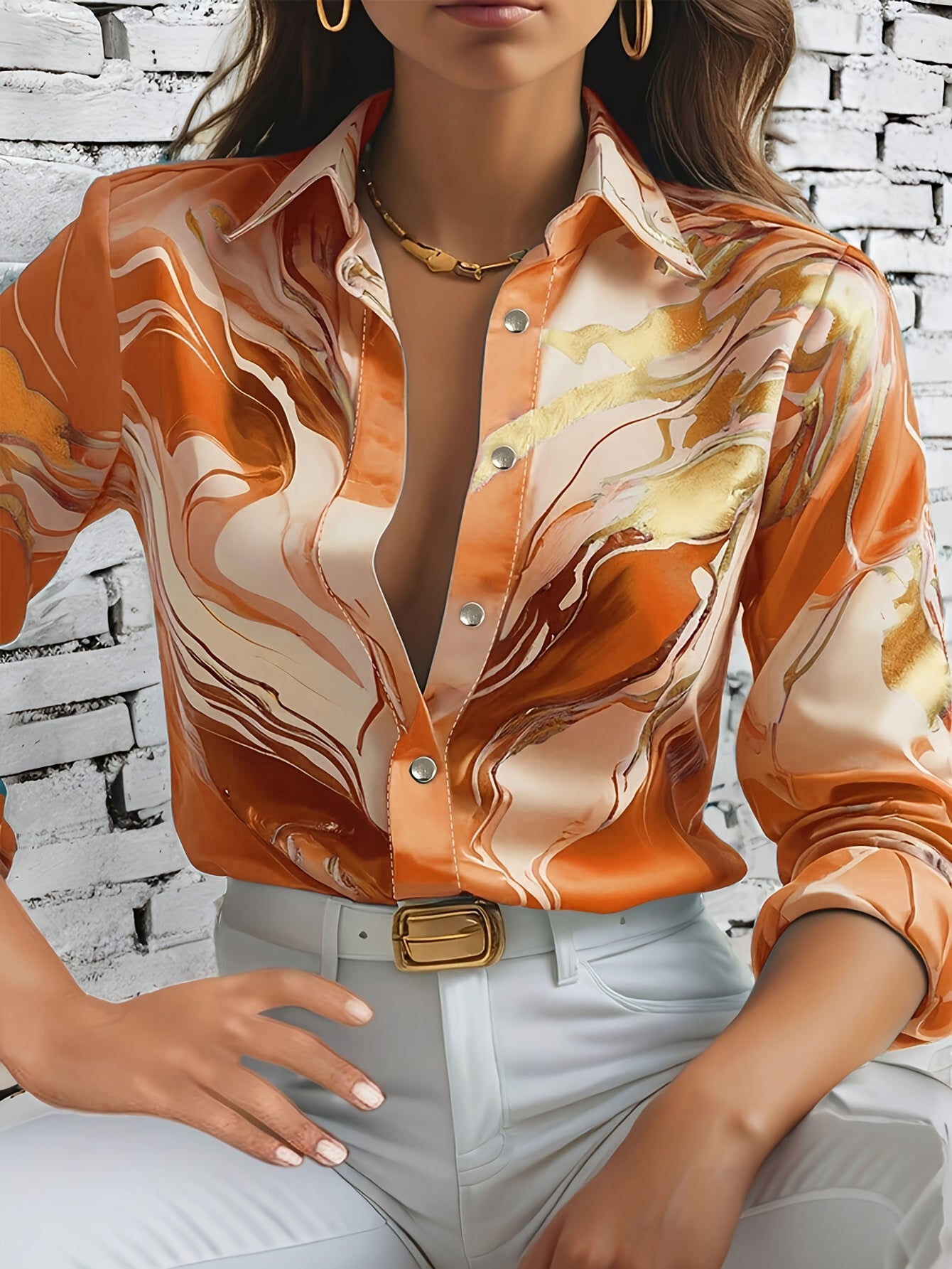 Elegant Middle Eastern Style Women's Long Sleeve Shirt - 100% Polyester Printed Casual Button-Up Blouse with Polo Collar and Regular Fit for Spring/Summer/Fall - Tight Hem Woven Shirt for Weekend Casual