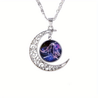 Twelve Zodiac Constellations Moon Phase Necklace - Timeless Gemstone Pendant with Adjustable Chain - Unique Personality Jewelry and Birthday Gift Idea for Women and Girls