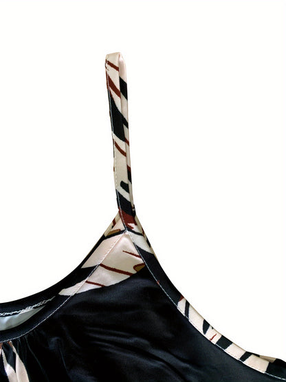 Tropical Plants Print Cami Romper - Vibrant Crew Neck Jumpsuit with Pockets - Effortless Sleeveless Style for Womens Vacation Wear