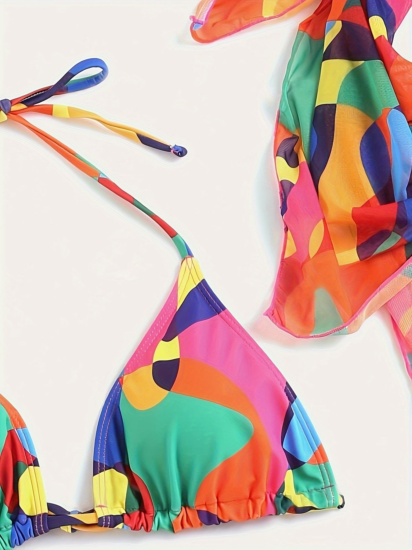 1set Women'S Geometric-Patterned Bikini Set, High Stretch Polyester Knit Fabric, 82% Polyester 18% Elastane, Colorful Printed Two-Piece Swimsuit with Lace-Up Detail
