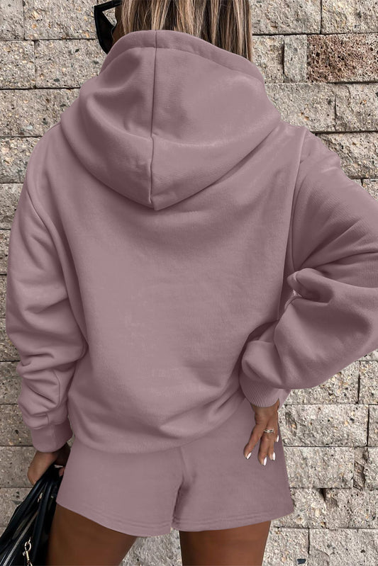 Valerian Button Drawstring Hooded Pullover and Casual Short Set