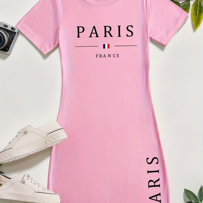 Ladies' New Spring And Summer Casual T-Shirt Dress Featuring The Words 'PARIS' And 'FRANCE' Along with a Print of The French Flag. This Short-Sleeved Dress Is Perfect for Casual Outings, Sleepwear, Loungewear, And Makes a Gre