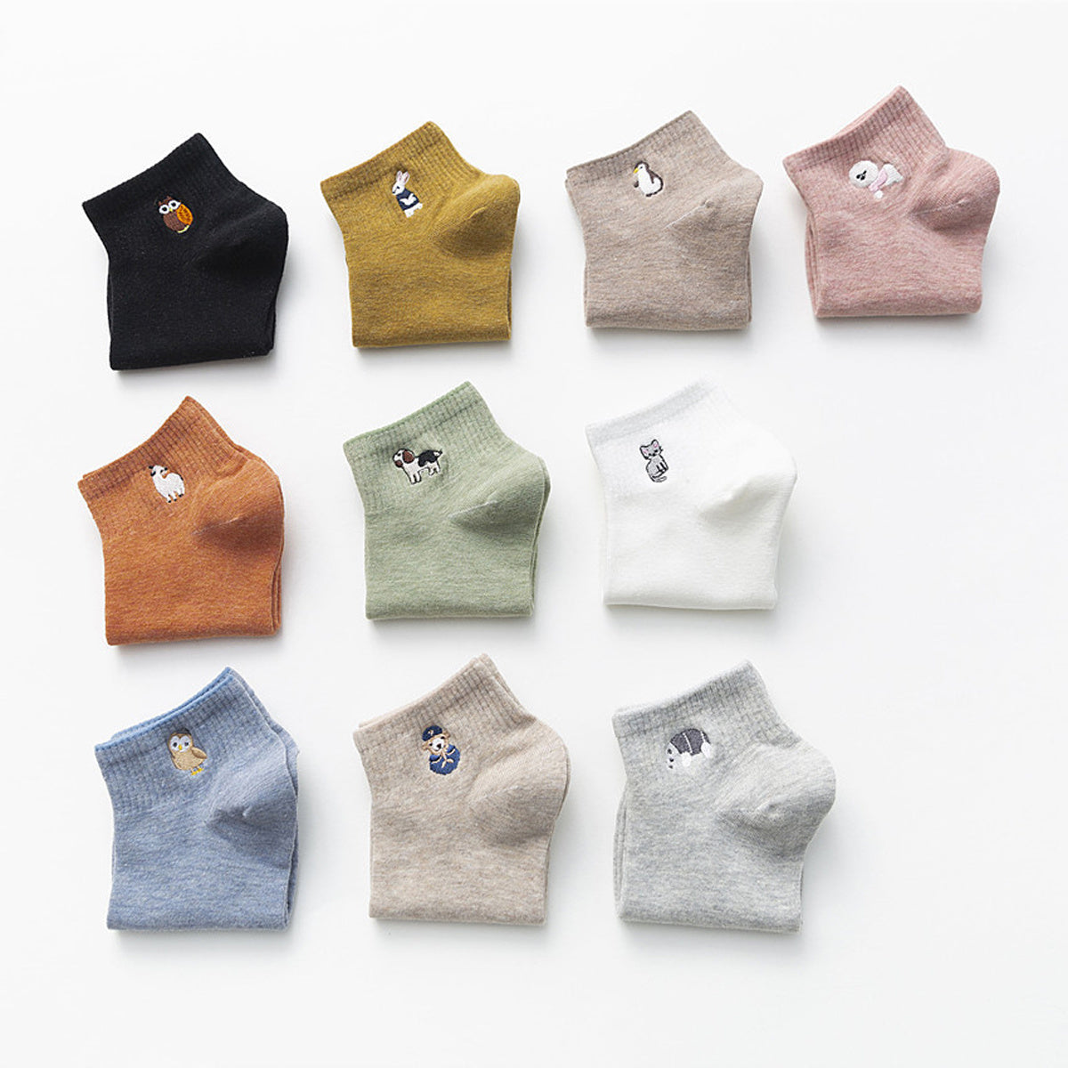 10 Pairs Cute Animal Pattern Socks, Cartoon Pattern Embroidery Cotton Ankle Socks, Women's Stockings & Hosiery