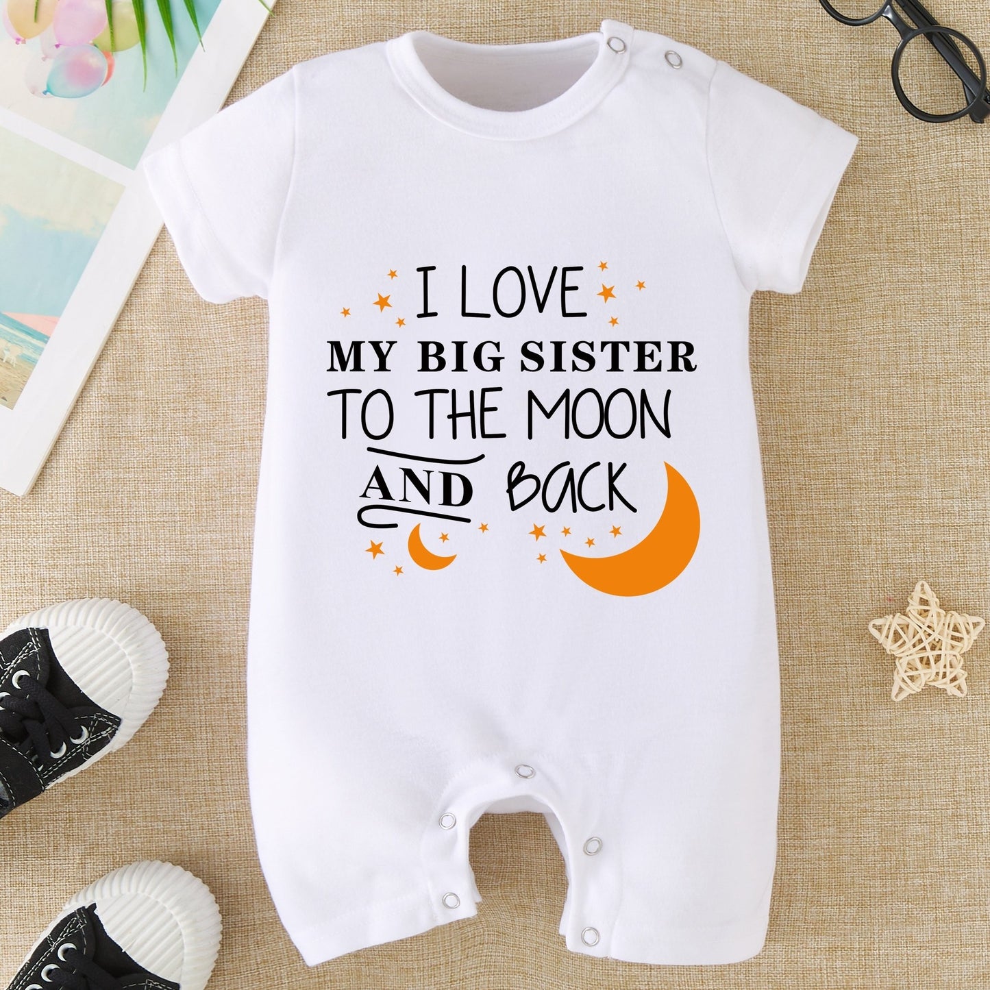 Adorable I LOVE My Big Sister Letter Print Summer Short Sleeve Quadrangle Jumpsuit Bodysuit - Soft, Comfortable & Breathable Baby Clothes - Perfect Pregnancy Gifts for Proud Big Sisters