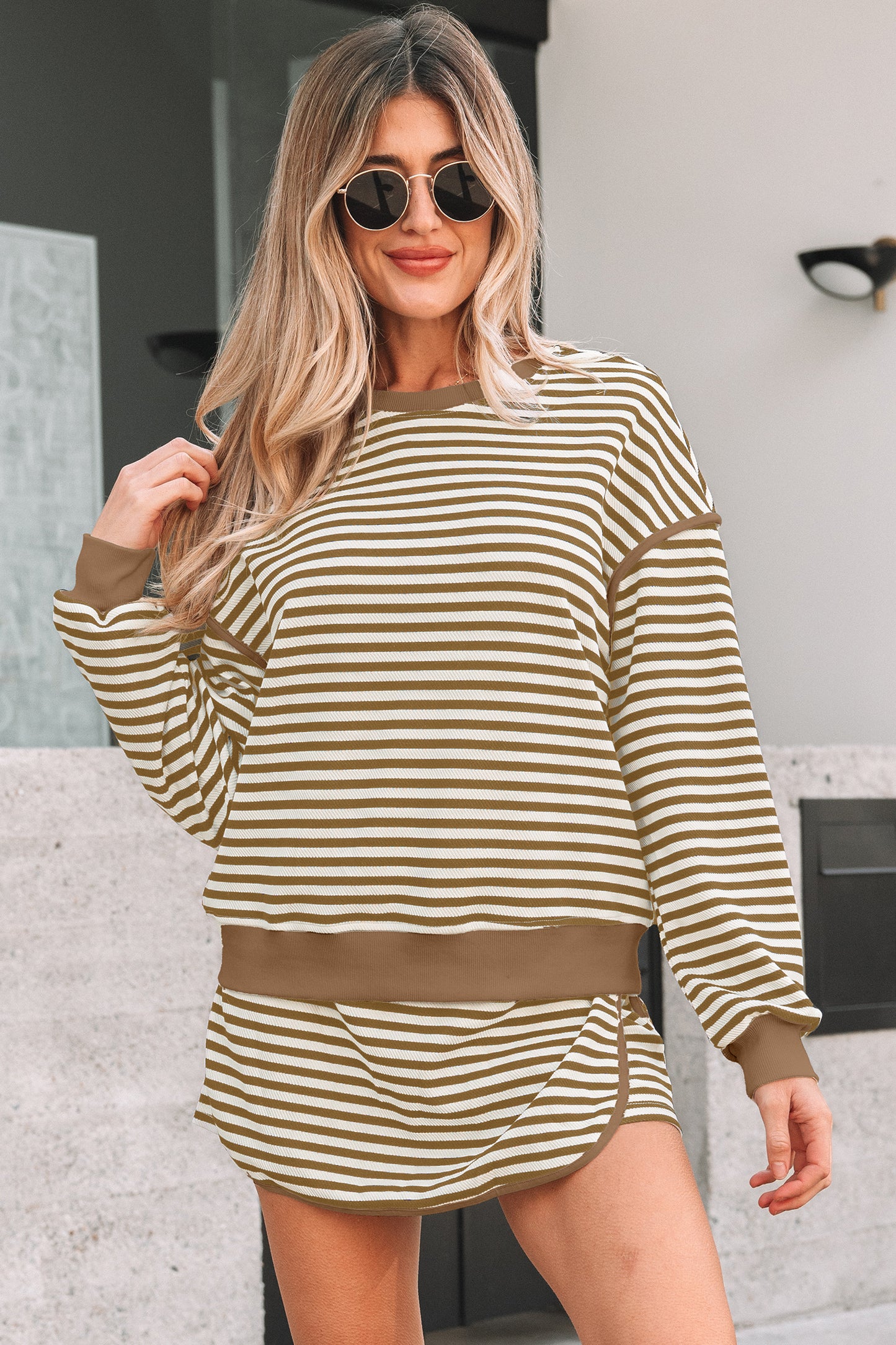 Brown Stripe Textured Drop Shoulder Pullover Top Drawstring Mini Skirt Two Piece Dress Set