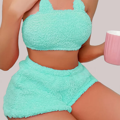 Sexy Solid Plush Lounge Set, Tube Crop Top & Elastic Shorts, Women's Loungewear for fall & winter