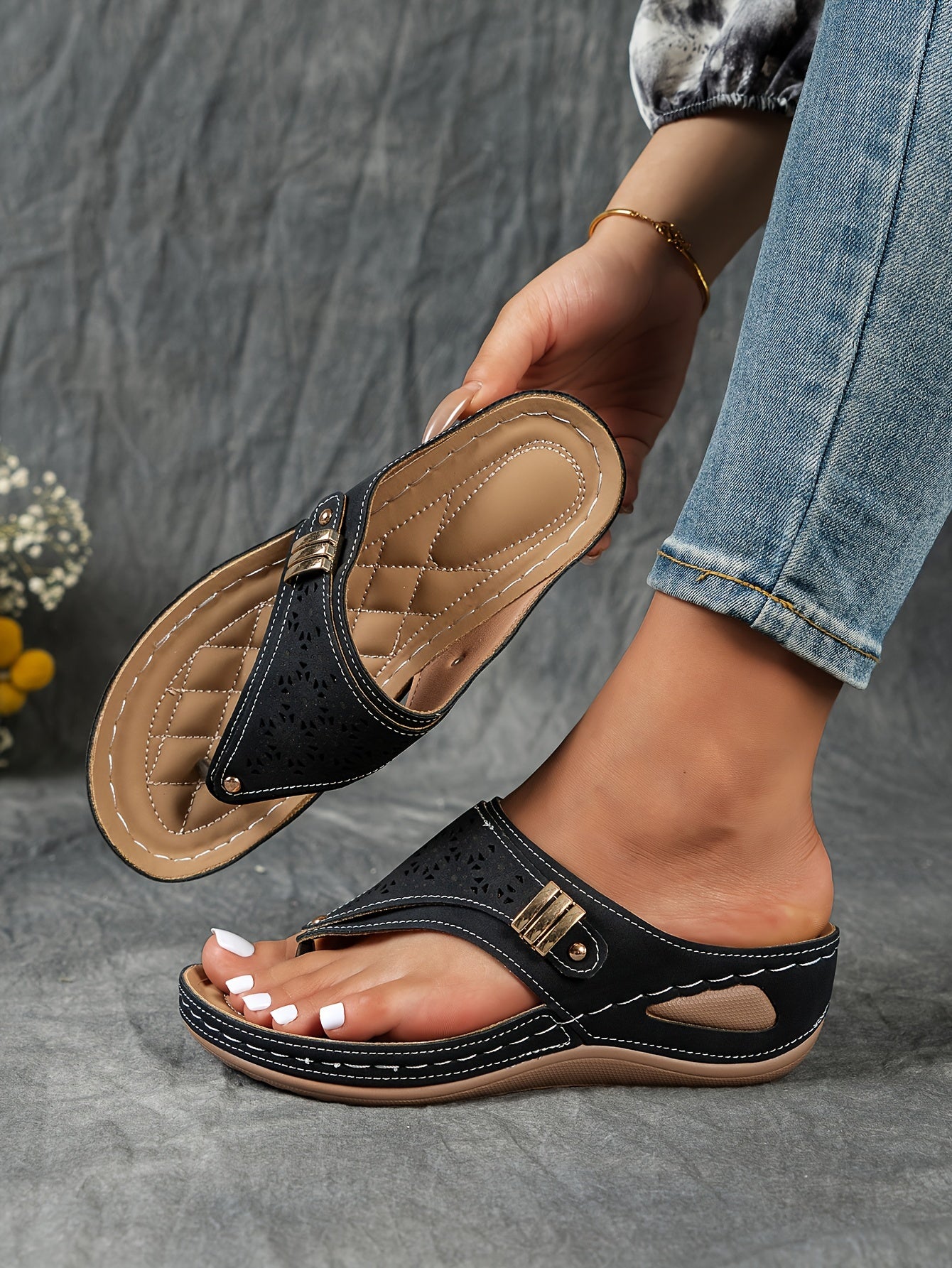 Stylish Cut-Out Thong Sandals - Soft Metallic Platform Wedge, Comfortable Beach Slides with Adjustable Straps, Vacation Essentials for Women