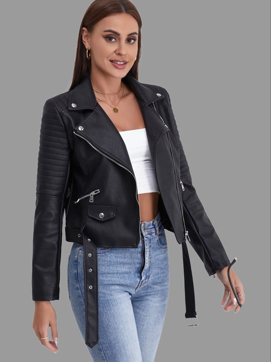 Solid Leather Biker Jacket, Streetwear Long Sleeve Zipper Outerwear, Women's Clothing