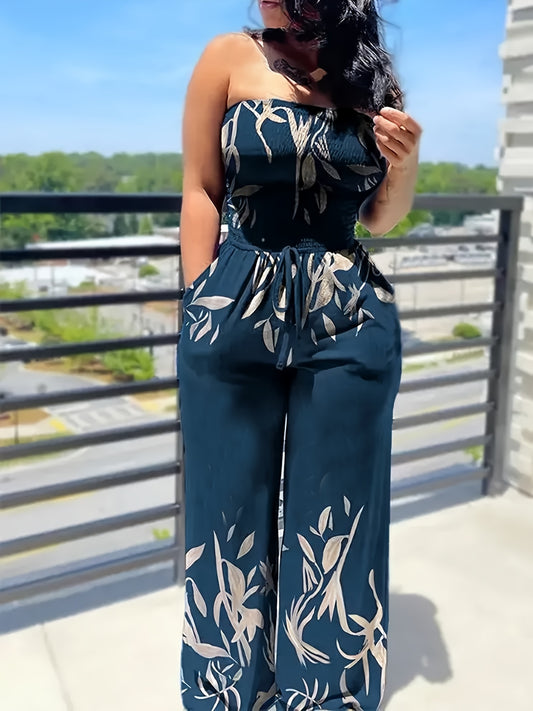 Vibrant Floral Print Bandeau Shirred Tube Jumpsuit - Comfy Vacation Essential with Tie Front Pockets for Spring & Summer - Womens Polyester Woven Casual Clothing with No Elasticity