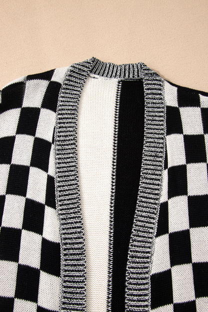 Black Plus Size Checkered Bubble Sleeve Drop Shoulder Open Cardigan
