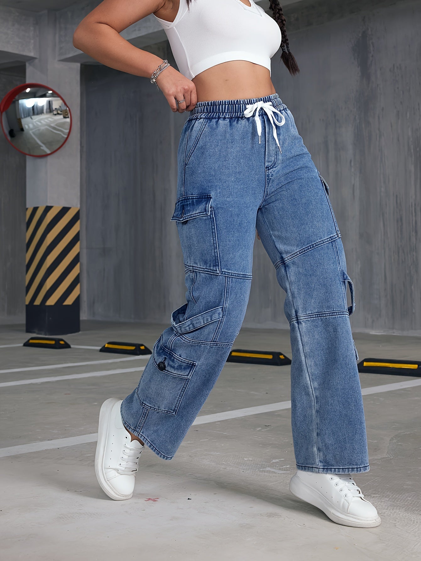 Flap Pockets Boyfriend Cargo Pants, Loose Fit Drawstring Elastic Waist Straight Jeans, Women's Denim Jeans & Clothing