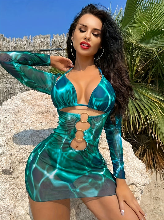 Summer Beach Tie-Dye Printed Camisole Triangle Bikini Set