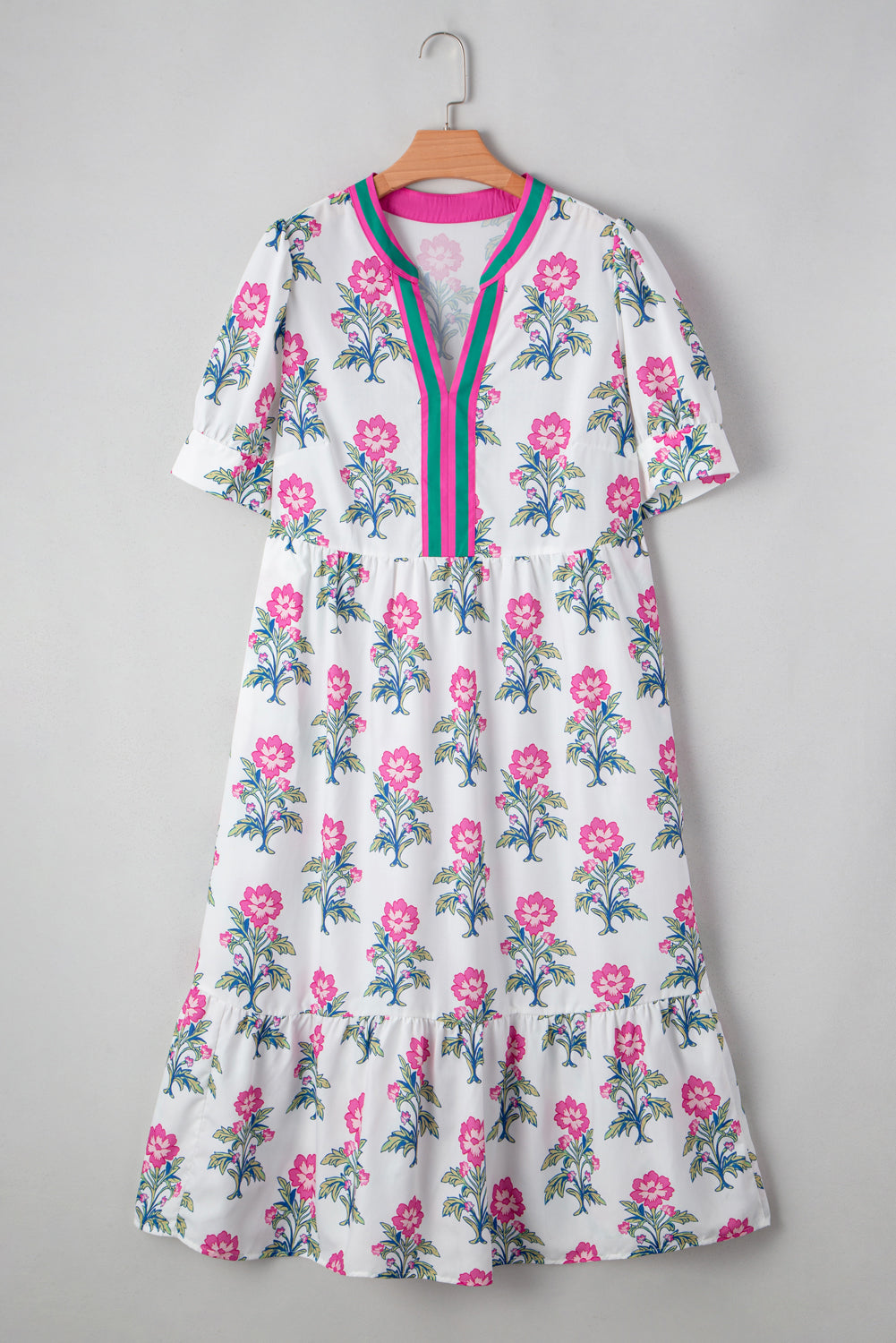 White Allover Print Contrast Split Neckline Short Puff Sleeve Curvy Dress