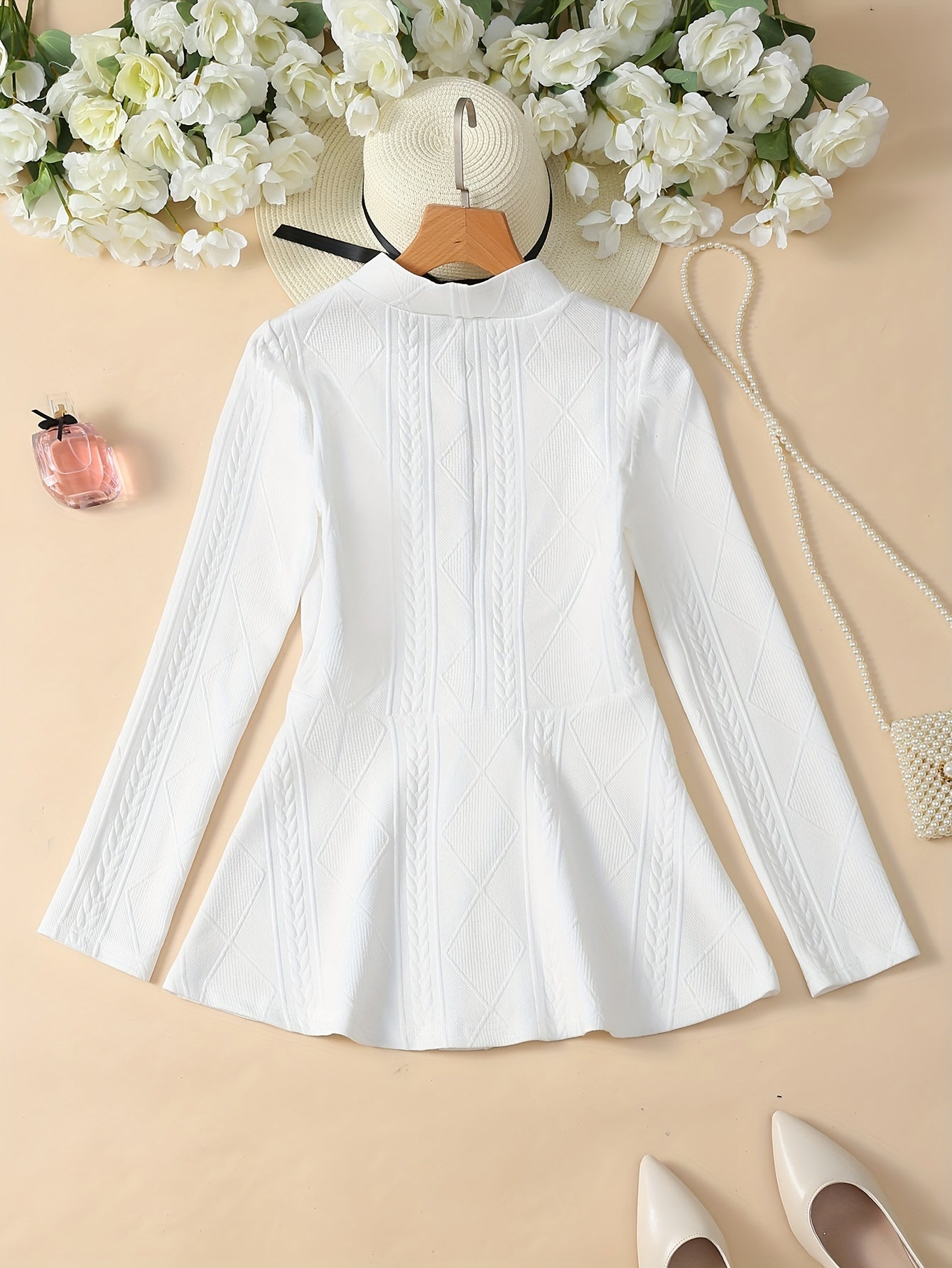 Textured Beaded Button V-neck Jacket, Elegant Long Sleeve Ruffle Hem Outwear For Spring & Fall, Women's Clothing