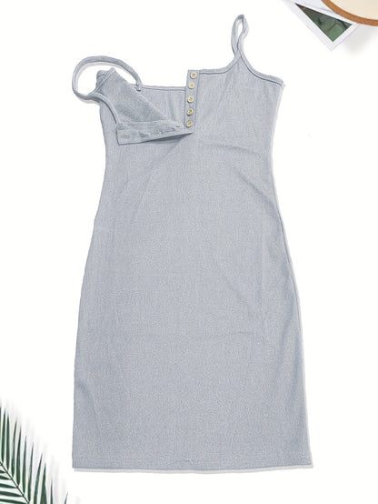 Women'S Elegant Low-Cut Sleeveless Spaghetti Strap Bodycon Mini Dress - Stretchy Button-Front Sleep Dress & Lounge Dress for Home, Casual Outings, All-Season Wear, Solid Color H-Silhouette, Dress, Home Loungewear, Minimalist