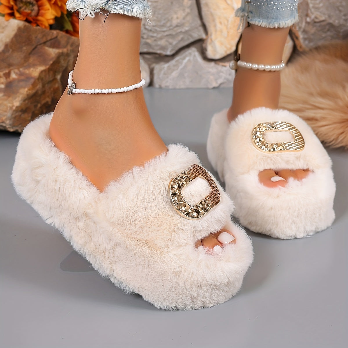 [Luxury Slip-On] Plush Faux Fur Women's Slip-On Slippers | Thick Cushioned Rubber Sole & Metallic Buckle Accents - All-Season Indoor/Outdoor House Shoes in Black, Beige, White, Brown, Comfort Footwear, Luxury Slipon, Soft Sli