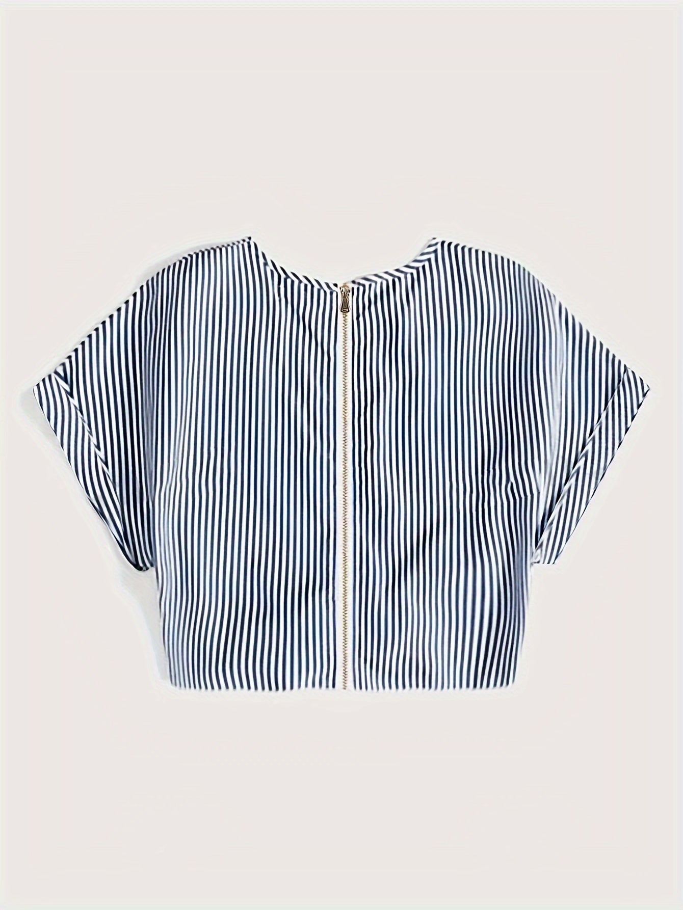Striped Zip Up Knotted Blouse, Elegant Short Sleeve Crop Top For Spring & Summer, Women's Clothing