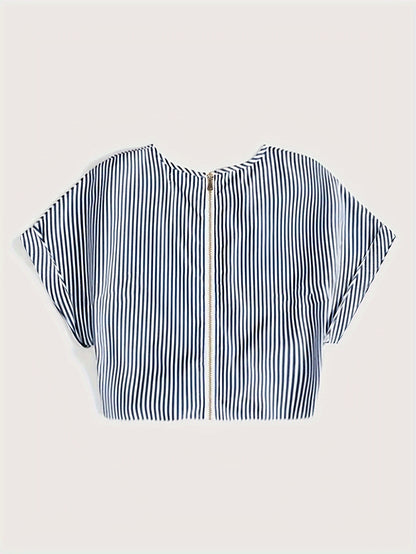 Striped Zip Up Knotted Blouse, Elegant Short Sleeve Crop Top For Spring & Summer, Women's Clothing