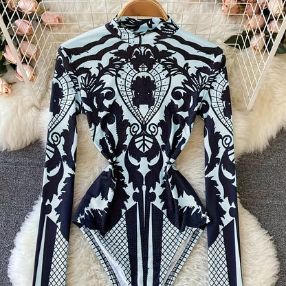 Women'S Tropical Print Bodysuit with Rhinestone Detail - Slim Fit, Stand Collar, Long Sleeve, All-Season Versatile Jumpsuit for Casual or Stylish Outfits, Stylish Outfit Bodysuit | Stand Collar Top | Polyester Fabric, Bodysui