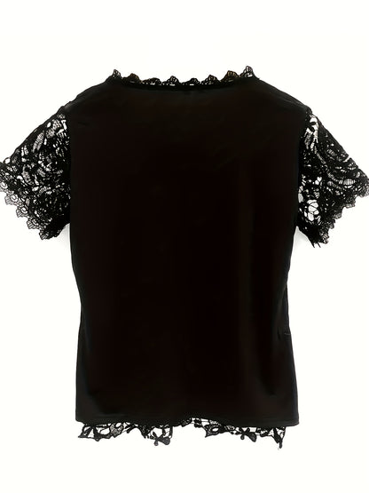 Solid Lace Short Sleeve Top, Versatile Blouse For Spring & Summer, Women's Clothing