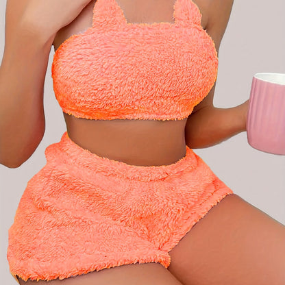 Sexy Solid Plush Lounge Set, Tube Crop Top & Elastic Shorts, Women's Loungewear for fall & winter