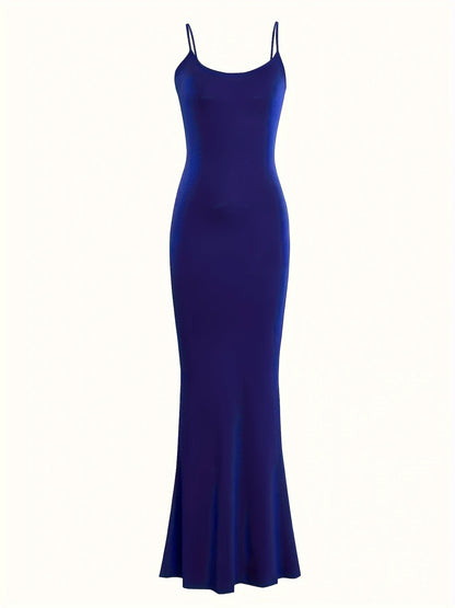 Elegant Solid Slip Lounge Dresses, Scoop Neck Bodycon Maxi Mermaid Dress, Women's Loungewear & Dresses