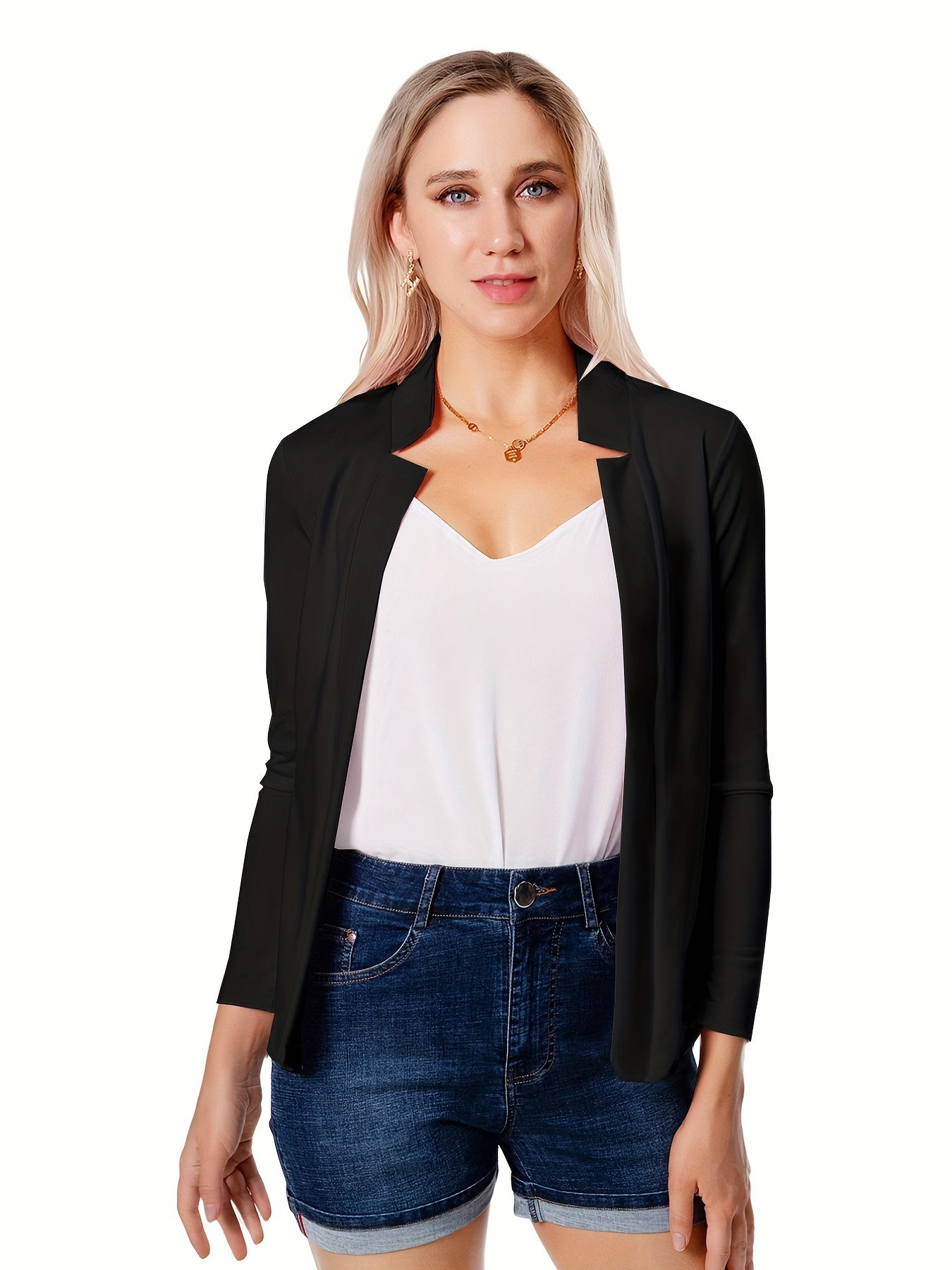 Solid Open Front Blazer, Casual Long Sleeve Blazer For Office & Work, Women's Clothing