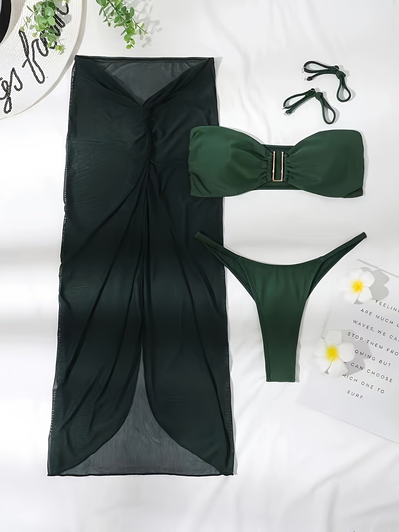 Solid Color 3 Piece Set Bikini, U-Wire High Cut With Cover Up Skirt Swimsuits, Women's Swimwear & Clothing